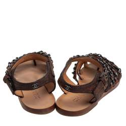Pre Owned Chanel Brown Leather Chain Flat Sandals Size 37