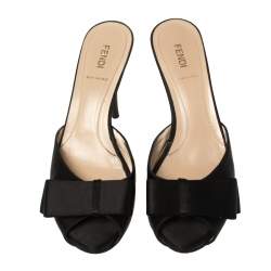 Pre Owned Fendi Black Satin Bow Peep Toe Slide Sandals Size 38.5