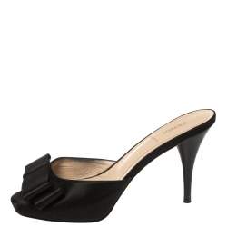 Pre Owned Fendi Black Satin Bow Peep Toe Slide Sandals Size 38.5