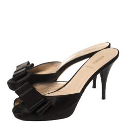 Pre Owned Fendi Black Satin Bow Peep Toe Slide Sandals Size 38.5