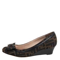 Pre Owned Fendi Brown Zucca Canvas And Leather Trim Bow Wedge Pumps Size 37