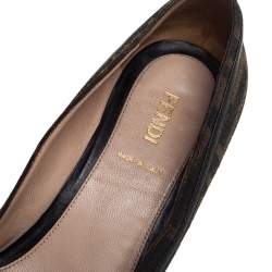 Pre Owned Fendi Brown Zucca Canvas And Leather Trim Bow Wedge Pumps Size 37