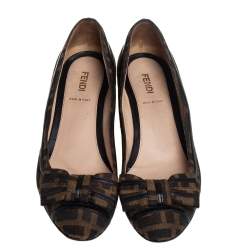 Pre Owned Fendi Brown Zucca Canvas And Leather Trim Bow Wedge Pumps Size 37