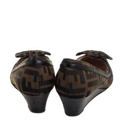 Pre Owned Fendi Brown Zucca Canvas And Leather Trim Bow Wedge Pumps Size 37