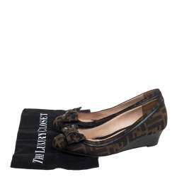 Pre Owned Fendi Brown Zucca Canvas And Leather Trim Bow Wedge Pumps Size 37