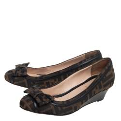Pre Owned Fendi Brown Zucca Canvas And Leather Trim Bow Wedge Pumps Size 37