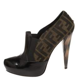 Pre Owned Fendi Black/Brown Patent Leather and Zucca Canvas Booties Size 38