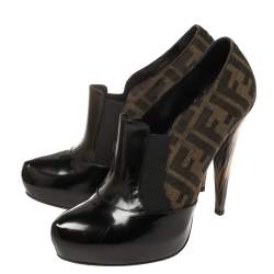 Pre Owned Fendi Black/Brown Patent Leather and Zucca Canvas Booties Size 38