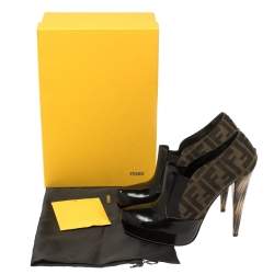 Pre Owned Fendi Black/Brown Patent Leather and Zucca Canvas Booties Size 38