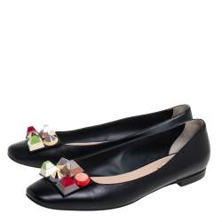 Pre Owned Fendi Black Leather Rainbow Studded Skimmer Flats Size 38.5