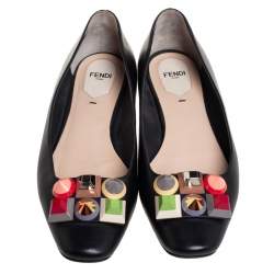 Pre Owned Fendi Black Leather Rainbow Studded Skimmer Flats Size 38.5