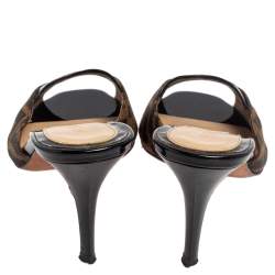 Pre Owned Fendi Brown Zucca Canvas And Black Patent Leather Slide Sandals Size 36