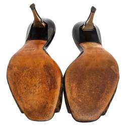 Pre Owned Fendi Brown Zucca Canvas And Black Patent Leather Slide Sandals Size 36