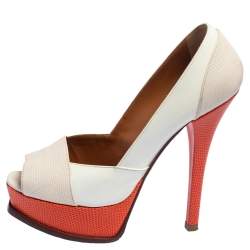 Pre Owned Fendi White/Orange Lizard Embossed Leather And Patent Leather Fendista Platform Pumps Size 38.5
