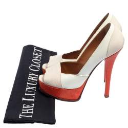Pre Owned Fendi White/Orange Lizard Embossed Leather And Patent Leather Fendista Platform Pumps Size 38.5