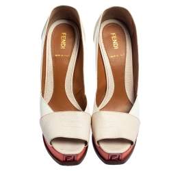 Pre Owned Fendi White/Orange Lizard Embossed Leather And Patent Leather Fendista Platform Pumps Size 38.5