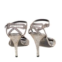Pre Owned Fendi Silver/Beige Canvas And Suede Ankle Strap Sandals Size 37