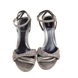 Pre Owned Fendi Silver/Beige Canvas And Suede Ankle Strap Sandals Size 37
