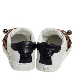 Pre Owned Fendi White/Brown Leather And Velvet Pearland Slip On Sneakers  Size 36