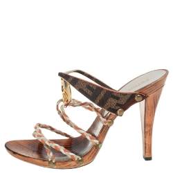 Pre Owned Fendi Multicolor Braided Leather And Zucca Canvas Embellished Slide Sandals Size 37.5