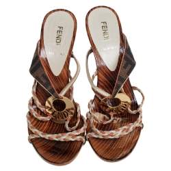 Pre Owned Fendi Multicolor Braided Leather And Zucca Canvas Embellished Slide Sandals Size 37.5