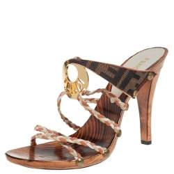 Pre Owned Fendi Multicolor Braided Leather And Zucca Canvas Embellished Slide Sandals Size 37.5