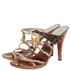 Pre Owned Fendi Multicolor Braided Leather And Zucca Canvas Embellished Slide Sandals Size 37.5