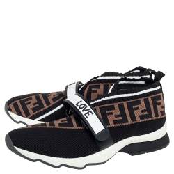 Pre Owned Fendi Black/Brown Mesh And FF Zucca Knit Fabric Rockoko Sneakers Size 41