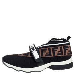 Pre Owned Fendi Black/Brown Mesh And FF Zucca Knit Fabric Rockoko Sneakers Size 41