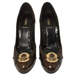 Pre Owned Fendi Brown Patent Leather And Zucca Trim Logo Wedge Pumps Size 37.5