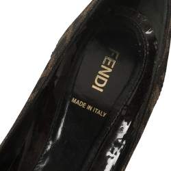 Pre Owned Fendi Brown Patent Leather And Zucca Trim Logo Wedge Pumps Size 37.5