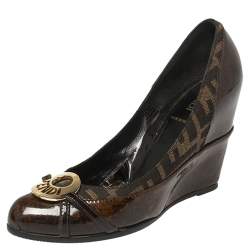 Pre Owned Fendi Brown Patent Leather And Zucca Trim Logo Wedge Pumps Size 37.5