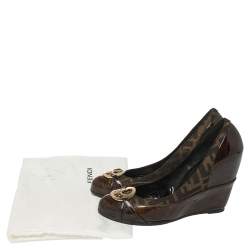 Pre Owned Fendi Brown Patent Leather And Zucca Trim Logo Wedge Pumps Size 37.5