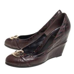 Pre Owned Fendi Brown FF Leather Embellished Wedge Pumps Size 40