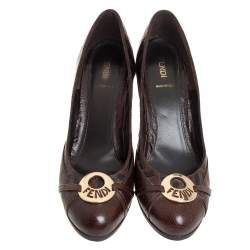 Pre Owned Fendi Brown FF Leather Embellished Wedge Pumps Size 40