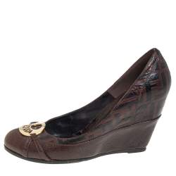 Pre Owned Fendi Brown FF Leather Embellished Wedge Pumps Size 40
