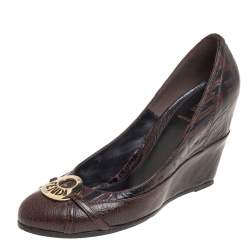 Pre Owned Fendi Brown FF Leather Embellished Wedge Pumps Size 40