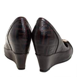 Pre Owned Fendi Brown FF Leather Embellished Wedge Pumps Size 40