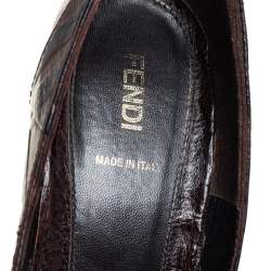 Pre Owned Fendi Brown FF Leather Embellished Wedge Pumps Size 40