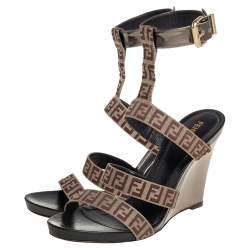 Pre Owned Fendi Beige/Brown FF Canvas And Leather Wedge Ankle Strap Sandals Size 40.5