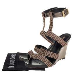 Pre Owned Fendi Beige/Brown FF Canvas And Leather Wedge Ankle Strap Sandals Size 40.5