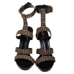 Pre Owned Fendi Beige/Brown FF Canvas And Leather Wedge Ankle Strap Sandals Size 40.5
