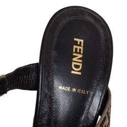 Pre Owned Fendi Beige/Brown FF Canvas And Leather Wedge Ankle Strap Sandals Size 40.5