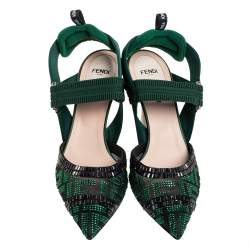 Pre Owned Fendi Green Embellished Mesh And Nylon Colibri Slingback Sandals Size 38