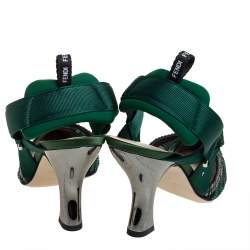 Pre Owned Fendi Green Embellished Mesh And Nylon Colibri Slingback Sandals Size 38