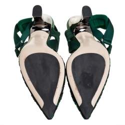 Pre Owned Fendi Green Embellished Mesh And Nylon Colibri Slingback Sandals Size 38
