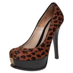 Pre Owned Fendi Brown Leopard Print Pony Hair Logo Decollete Heels Platform Pumps Size 35