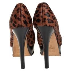 Pre Owned Fendi Brown Leopard Print Pony Hair Logo Decollete Heels Platform Pumps Size 35