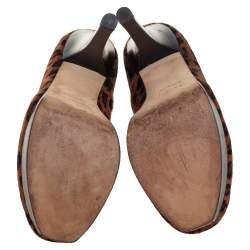 Pre Owned Fendi Brown Leopard Print Pony Hair Logo Decollete Heels Platform Pumps Size 35