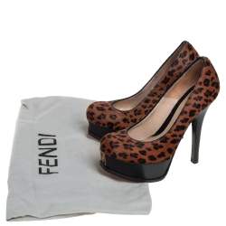 Pre Owned Fendi Brown Leopard Print Pony Hair Logo Decollete Heels Platform Pumps Size 35